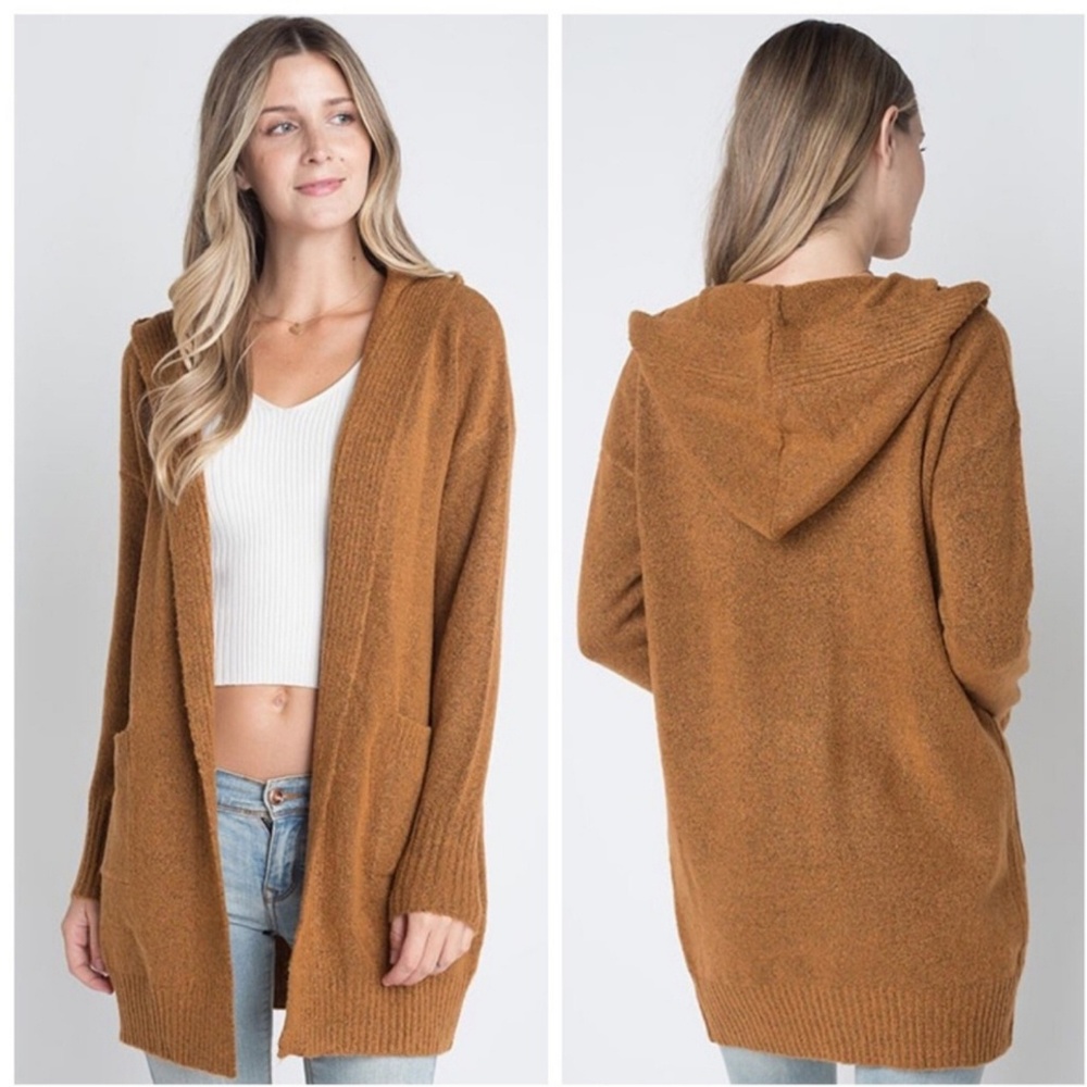 Golden Mustard Open Front Hooded Cardigan Sweater